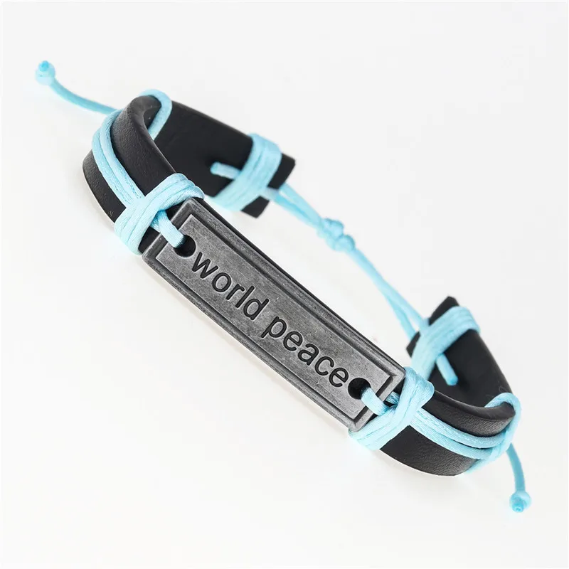 ZPS036-Lake blue 12PCS/Lot Vintage Punk World Peace wish Leather Bracelets for Men Bangle Adjustable Length Male Female Jewelry Accessories - Окраска металла: ZPS036-Lake blue