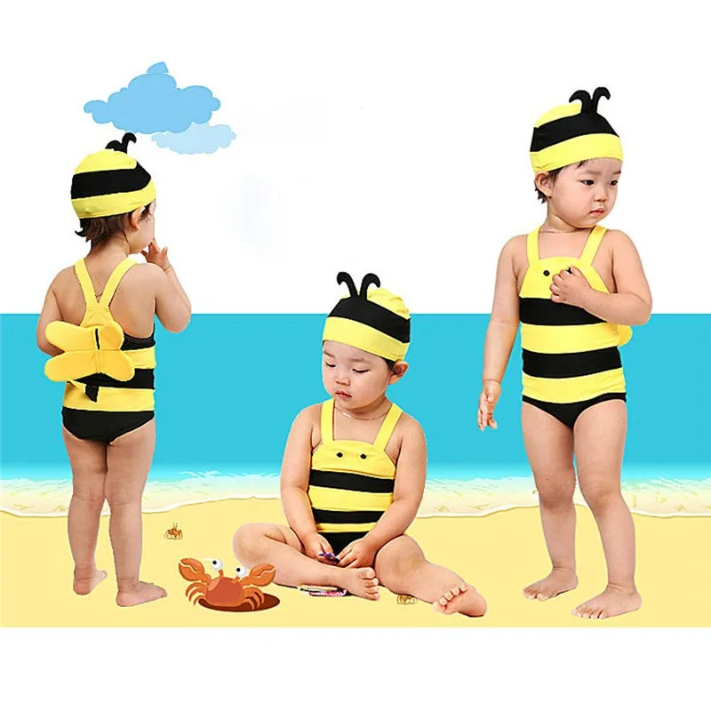 Платья для детей, малышей, девочек, купальный костюм для малышей с мультяшным рисунком купальник-Пчелка+ шапка; пляжная одежда для малышей Детская одежда для девочек ванный Комплект Лето