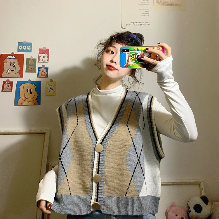 Harajuku, женский свитер, жилеты, винтажный жилет без рукавов, жилет, вязаный жилет для женщин, весна-осень, без рукавов, chaleco mujer