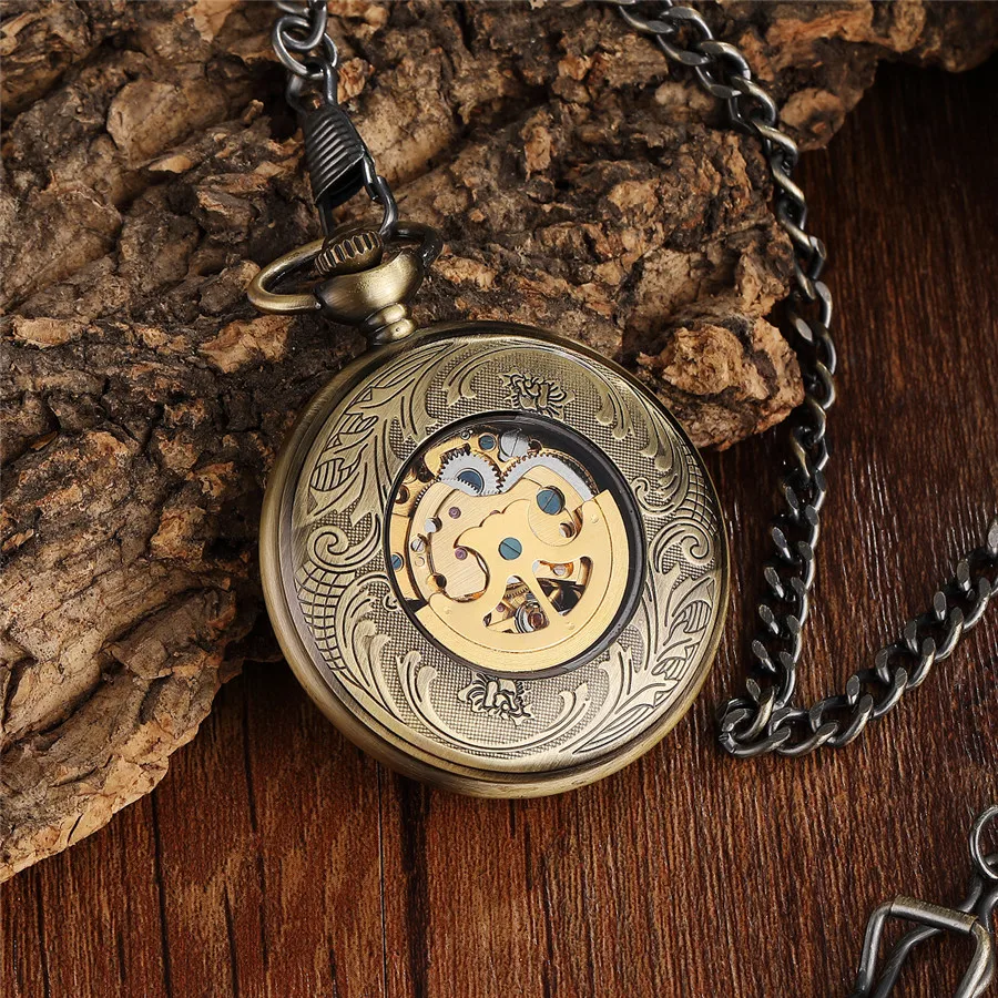 Unique Bronze Sun Flower Hollow Design Mechanical Pocket Watch Retro Steampunk Skeleton Hand Wind Watches FOB Chain Male Clock