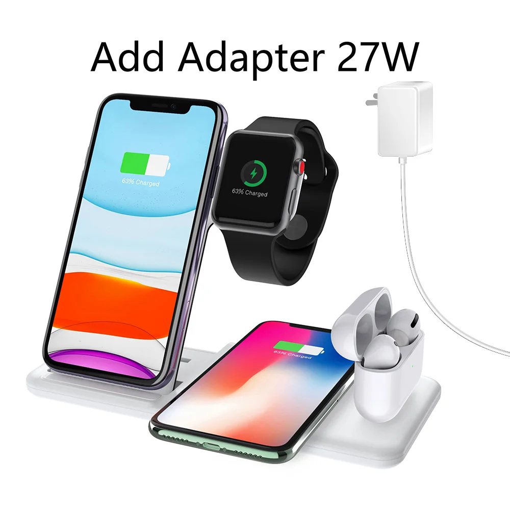 4 в 1 Qi Беспроводное зарядное устройство для iPhone 11 Pro Max XS XR 8 15 Вт usb type C Быстрая Зарядка Док-станция Подставка для Apple Watch 5 4 3 2 Airpods - Тип штекера: White 27W Adapter
