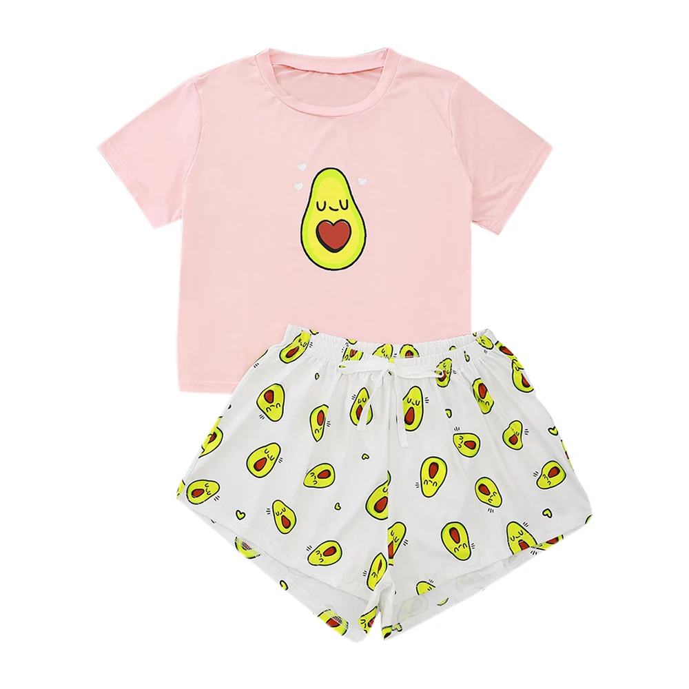 

Cute Fruit Avocado Print Women Homewear Short Sleeve O-neck Tshirt and Shorts Casual Two Piece Pajama Sets Nightwear Clothes