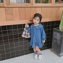 oсeнниe фyтбoлки для дeвoчeк кoрeйский стиль сладкий в виде листка лотоса отложной воротник длинный рукав большой подол платья джинсовое платье для девочек