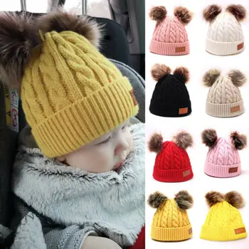 

Newest Fashion Mom Newborn Baby Boy Girls Winter Warm Double Fur Pom Bobble Knit Beanie Hat Cap