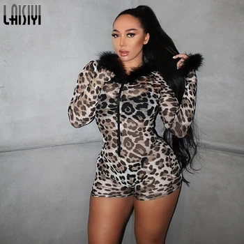 

LAISIYI 2019 Leopard Print Mesh See-through Hot Rompers Fur Patchwork Hooded Sexy Playsuit Autumn Winter Women Body Streetwear