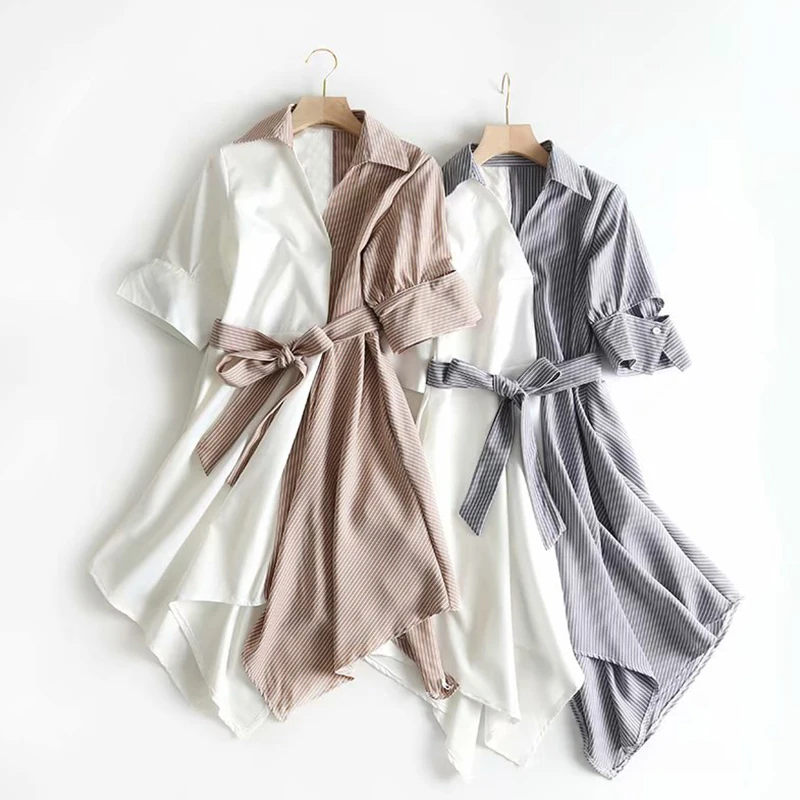 

Summer Casual Sweet Striped Splicing Lace-up Dress Women Irregular Patchwork Turn Down Collar Female Vestido Elegant Dress K043