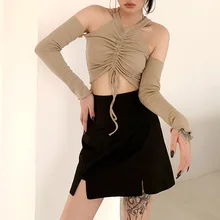 

Fashion Casual Solid Color Tight-fitting Long-sleeved T-shirt for Women Slim Sexy Club Off-shoulder Drawstring Belt Crop Top
