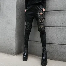 В Корейском стиле; Женская обувь в стиле «панк» узкие брюки женские Винтаж звезда Стрейчевые джинсы-скини черные брюки женские джинсовые штаны-шаровары брюки LT167S30