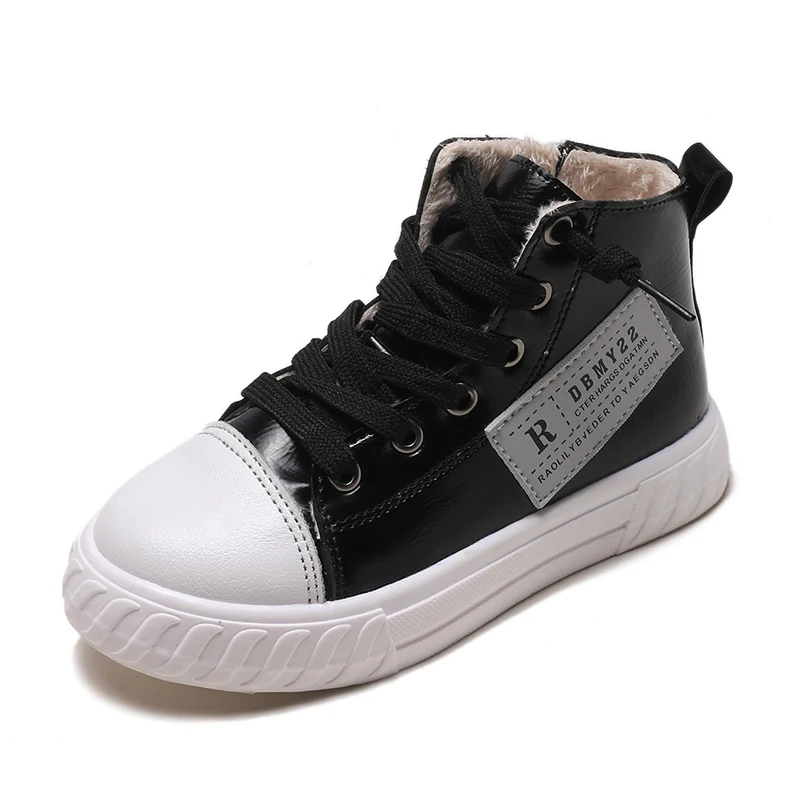 Boys Shoes Autumn Winter Kids Casual Shoes With Warm Cotton For Boy Girl Children Skate Sneakers High-top Fashion Soft New - Цвет: Черный