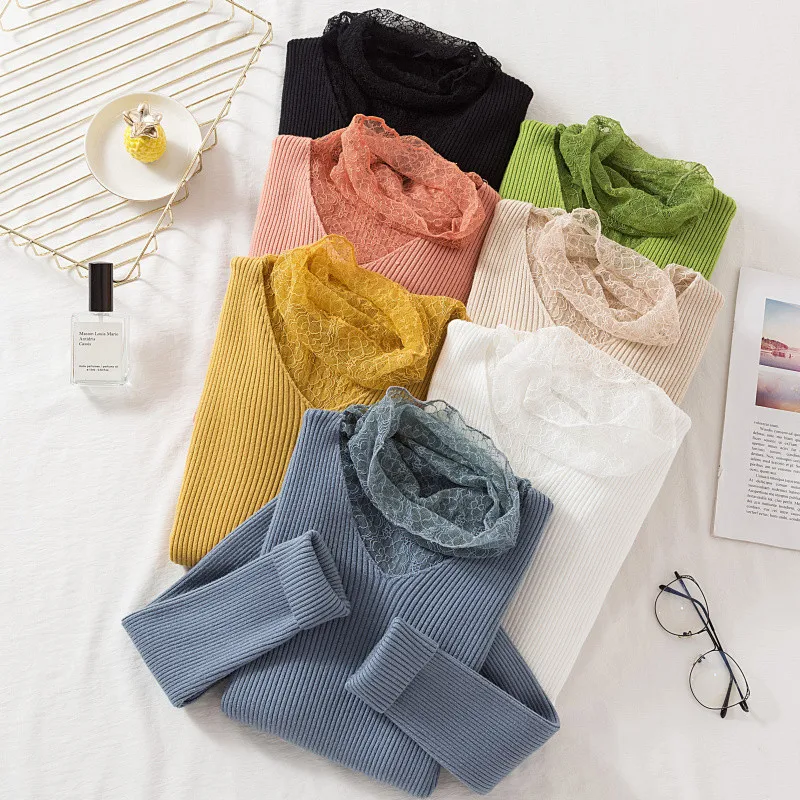

Lace Turtleneck Knitted Sweater Pullover for Women 2020 Autumn Winter New Slim Solid Color Long Sleeve Top Pull Femme