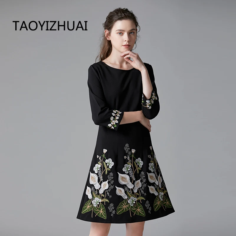 

TAOYIZHUAI autumn arrival a line casual style women dress o neck floral print above knee luxury elegant party big size 14310