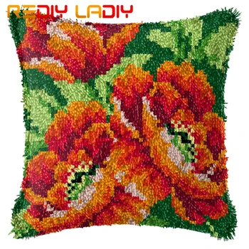 

Latch Hook Cushion Red Poppies Pre-Printed Canvas Cushion Front Acrylic Yarn Crochet Pillow Case Kit Sofa Bed Pillows Home Decor