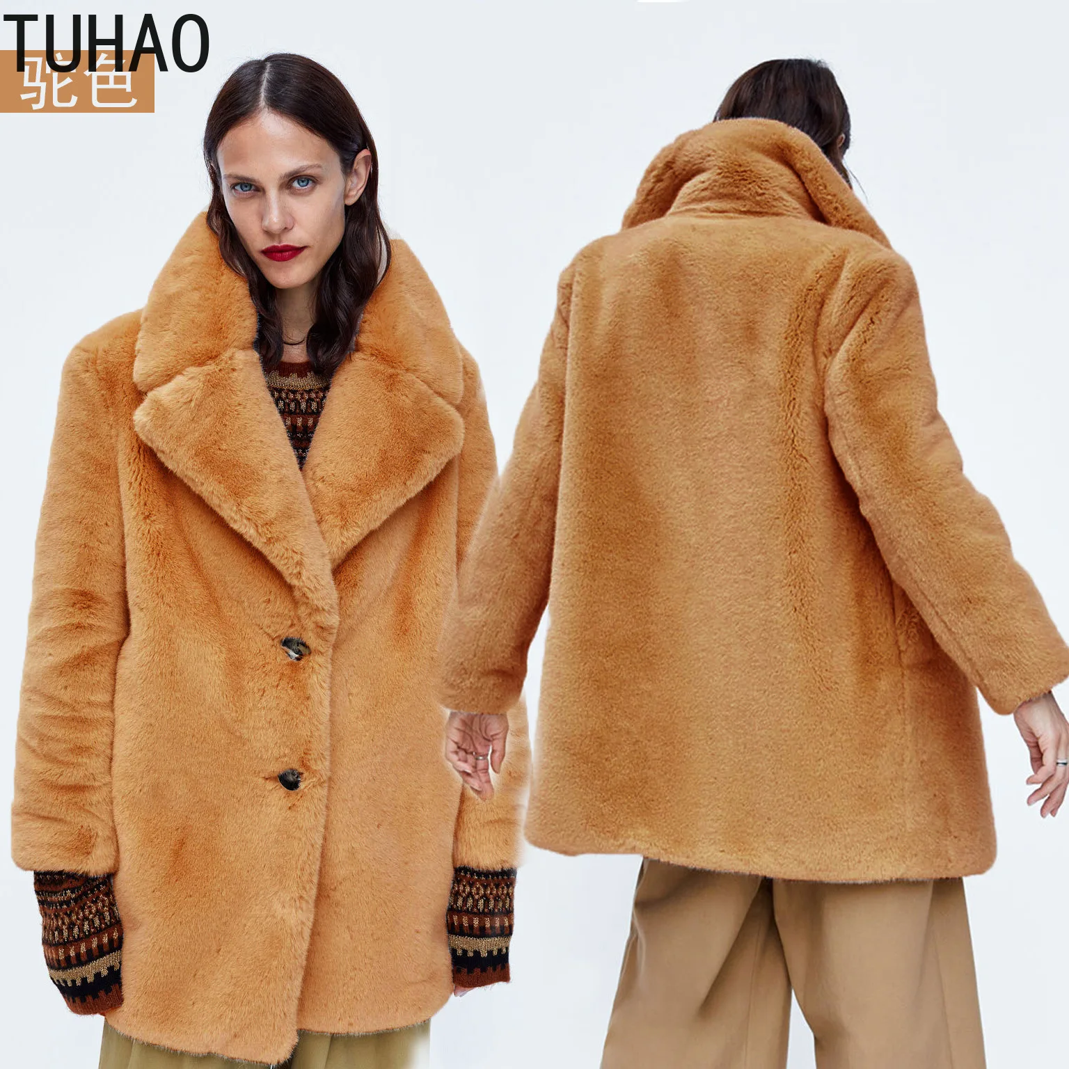 TUHAO офисное Женское пальто с длинным рукавом, элегантное теплое пальто с отложным воротником, Повседневная зимняя Толстая длинная верхняя одежда из искусственного меха