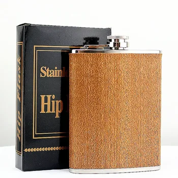 

Creative 8 Oz Stainless Steel Hip Flask Wooden Whiskey Wine Bottle Retro Alcohol Pocket Flagon With Box For Gifts