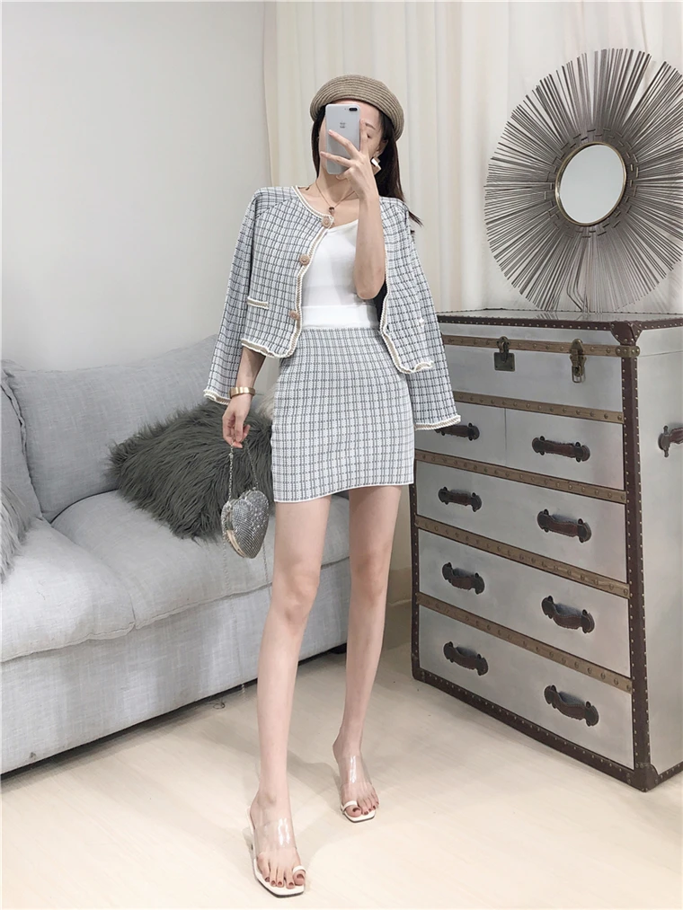 Autumn Women Two Piece Set Fashion Single Breasted Knitted Cardigans+ Bodycon Mini Skirt 2pcs Suit Female Elegant Set