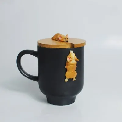 Black Corgi 401 мл Kawaii Dog керамическая 3D корги Французский бульдог кружка с бамбуковая чашка крышка креативный декор дома магазина Органайзер подарки для девочек - Цвет: Black Corgi