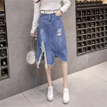 Осенняя Женская юбка с неровными рваными краями джинсовая юбка с разрезом длинная синяя джинсовая юбка большой размер XL/XXL/M/S Удобная