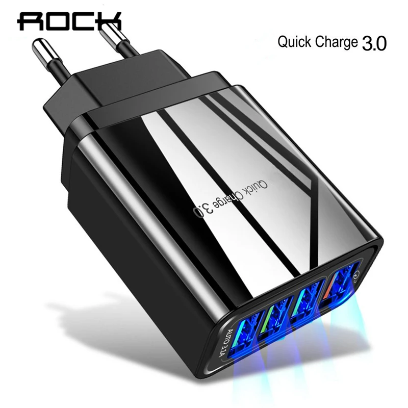 

ROCK Quick Charger 3.0 4 Port USB Charging QC 3.0 For Samsung A50 A30 iPhone 7 8 Huawei P20 Fast Wall Charger Plug Adapte