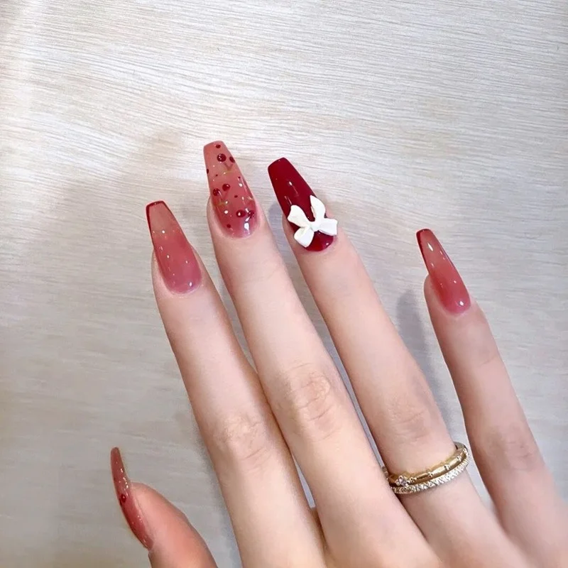 24Pcs/set Artifical Wearing False Nails White Bowknot Cherry Full Cover Fake Nail Art Tips Finished Removable Press on X31 | Красота и