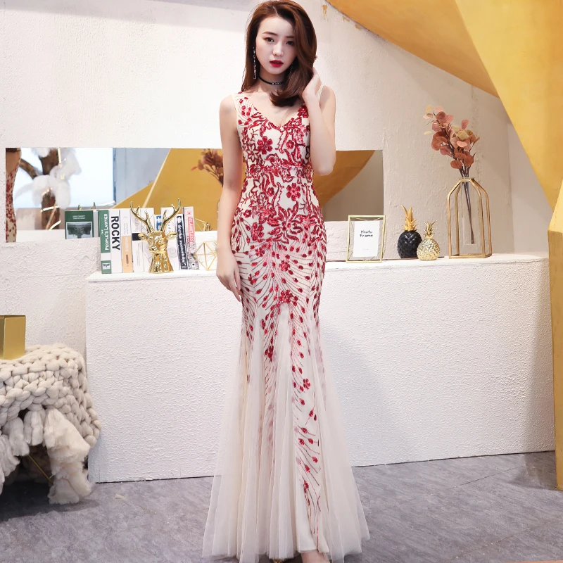 

2019 New Sequins Mermaid Sleeveless Women Cheongsam Long Mesh Dress V-Neck Floor Length Evening Party Sexy Maxi Vestidos