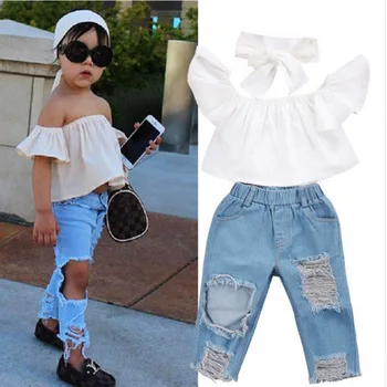

Children's Clothing Girls Summer Strap Middle-Sleeved Coat + Rose Embroidered Denim Pants Suit Kids clothes girls clothes