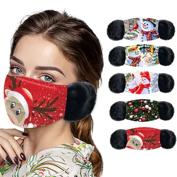 

1pc Adult Face Mask Unisex Winter Mascarillas Christmas Print Warm Hair Ball Hanging Ear Mouth Mask Windproof Washable Маска