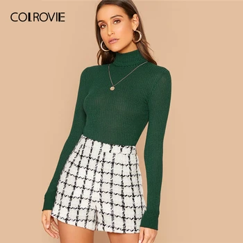 

COLROVIE Green High Neck Rib Knit Solid Top Women Casual Stretchy Solid Tees 2019 Fall Elegant Slim Fit Pullover Tops