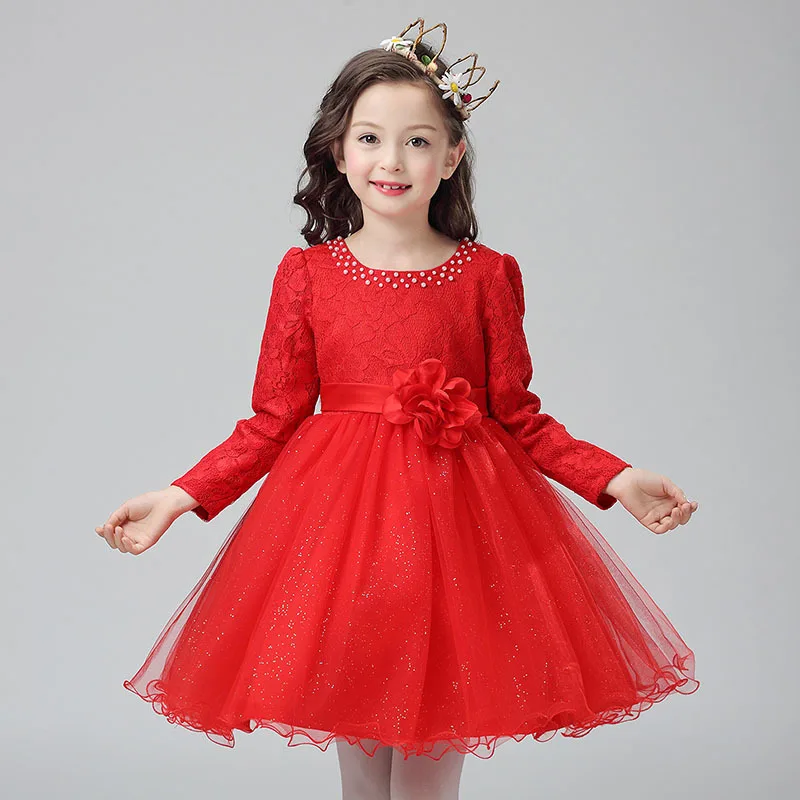 

2017 New Style Girls Solid Color Dress Autumn And Winter Long Sleeve Lace Girls' Princess Skirt Large Childrenswear Korean-style