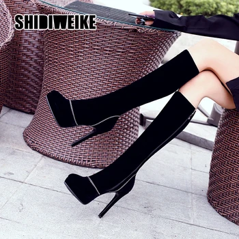 

fashion High Heel Knee-High Boots Platform Side Zipper Winter Thigh Boots Comfortable Woman Shoes Black va116
