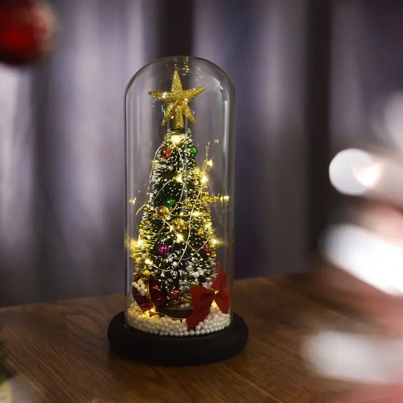 New Artificial Christmas Tree In Glass Dome With LED String Light Xmas Festive Indoor Room Ornaments Christmas Gift