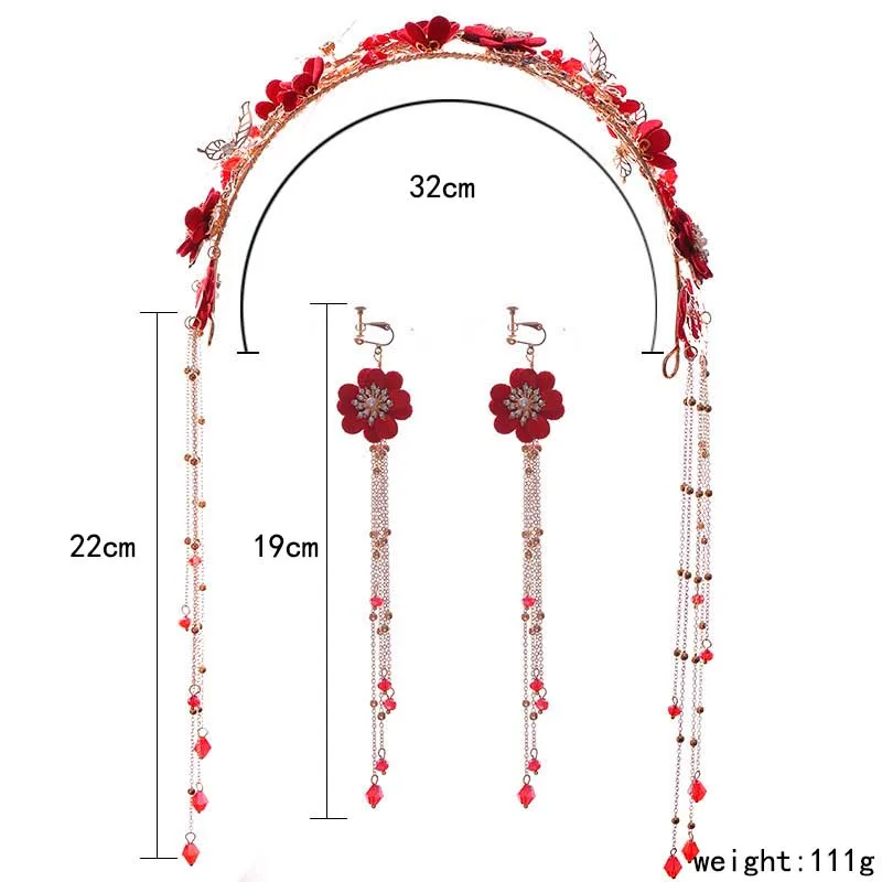 FORSEVEN Chinese Traditional Gold Red Flower Bridal Bride Wedding Headdress Hair Jewelry Long Tassel Headband Tiara Earrings Set