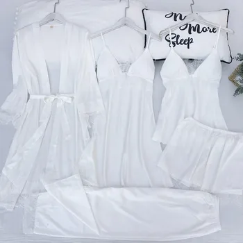 

Sexy Satin Wedding Robe Set Spring New Women Pajamas Suit 5PCS Sleep Set Nightgown Silky Lace Casual Kimono Robe Gown Sleepwear
