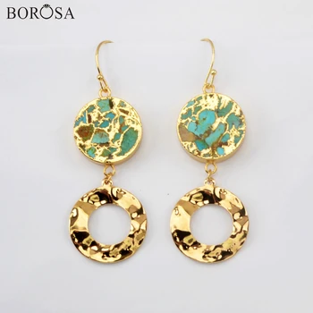 

BOROSA Round Natural Turquoises Dangle Earrings Women Gold Double Circle Drop Earrings Stylish Jewelry Gifts G1951