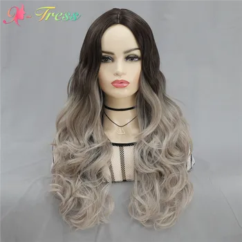 

X-TRESS Grey Colored Long Body Wave Wigs For Black Women Machine Made Synthetic 24inch Wigs Heat Resisant Cosplay Wigs