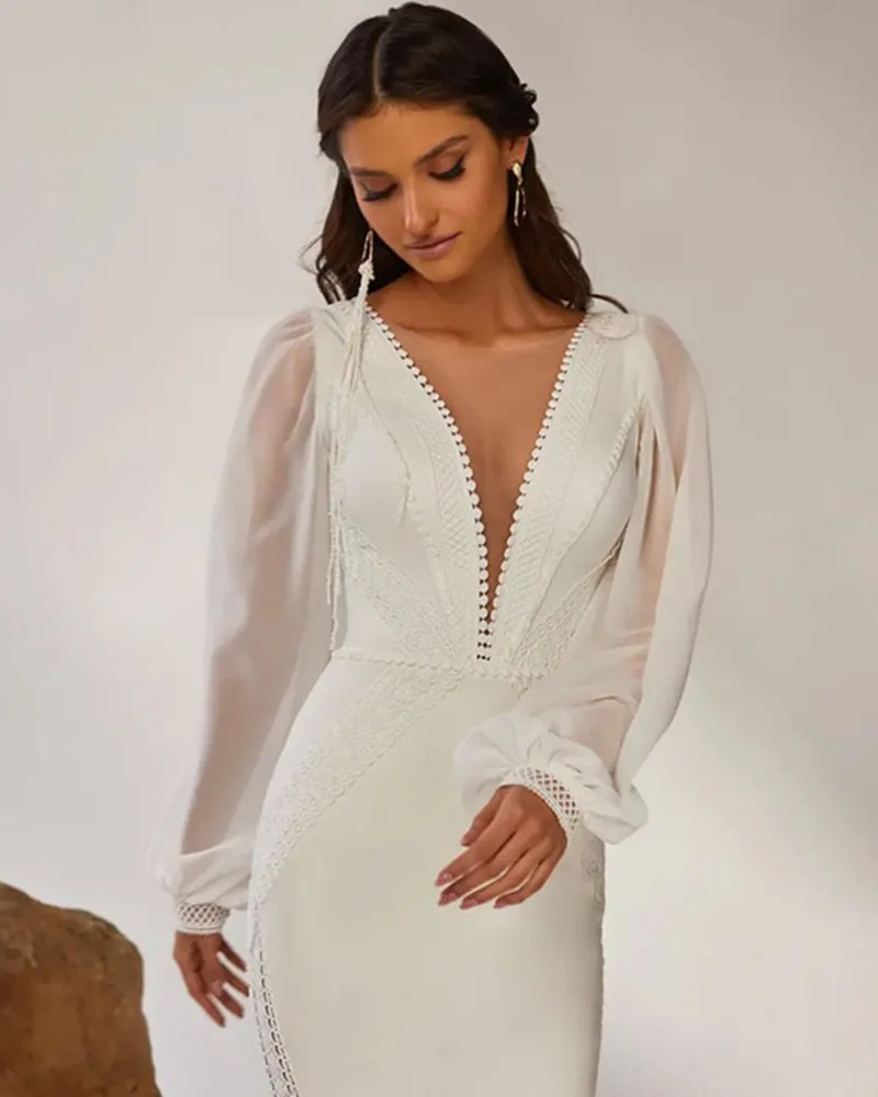 bridal shower dress Elegant Deep V-Neck Mermaid Wedding Dress 2022 Sexy Long Chiffon Sleeves Wedding Gown With Train Backless Vestido De Noiva wedding dress for women