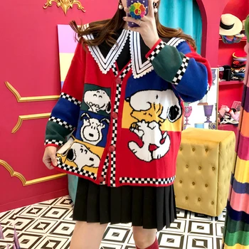 

Autumn Winter Knit Coat Women Sweaters Cardigans Jackets Cartoon Colorful Contrast Outwear Baseball Coats Oversized Tops NS69