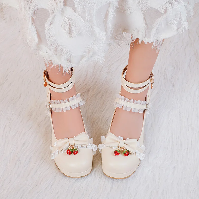Women Cute Lolita Cosplay Shoes Bow Mid Chunky Heel Heart Strap Platform Mary Jane Pumps Kawaii Sweet School Girl Strawberry