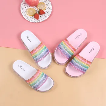 

Summer Women Slides Slip On Rainbow Sequins Flat Slippers Outdoor Thick Soles Flip Flops Girls Home Beach Bling Sandals Shoes