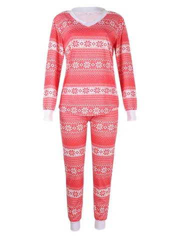 Christmas Pajama Sets Print Outfits Long Sleeve V-neck Tops+ Pants with Drawstring Xmas Sleepwear Pj's Set