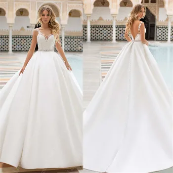 

Satin Wedding Dresses for Bride Vestidos De Novia Sleeveless Beading Belt Boho Bridal Gown Scoop Lace Appliques Open Back