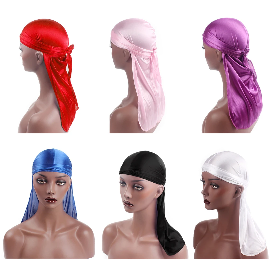 6pcs Soft Smooth Durag Waves Caps with Long Tail Wide Straps for Men and Women Hair Loss Chemo Beanie Wave Cap