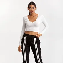 Укороченный топ Женская Спортивная одежда для тренировок Новое поступление уличная с длинным рукавом Сексуальная v-образный вырез Спорт Йога, тренировки, Фитнес рубашка Топы