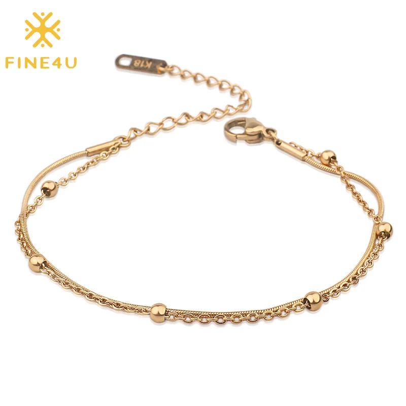 FINE4U B240 двухслойный браслет из нержавеющей стали с шариками, регулируемый браслет-цепочка в виде змеи для женщин и девочек, ювелирные изделия, подарки