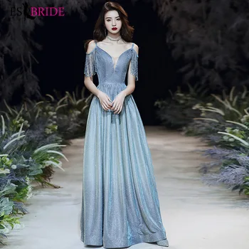 

Elegant Sparkling Evening Dresses ES3107 A-Line Illusion V-Neck Short Sleeve shining Fabric Formal Gowns Vestidos Elegantes