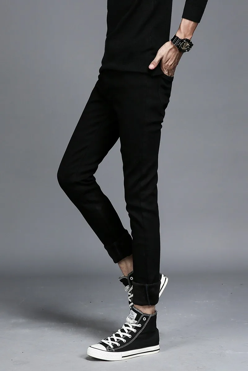 Осень зима мужские теплые джинсы флисовые белые черные мужские дизайнерские обтягивающие джинсовые брюки мужские уличная высокая Quatliy брюки - Цвет: Black Fleece