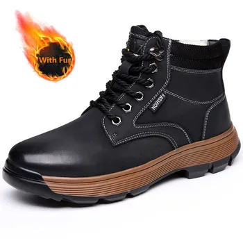 

Men Genuine Leather Boots Casual Warm Plush Cotton Shoes Thick Bottom Non-Slip Flats Snow Boots Comfy Winter Walking Sneakers