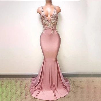 

Sexy Backless Pink Prom Dresses 2019 New Mermaid Spaghetti Appliqued Beaded Long Train Party Gowns Custom Made Evening Gown