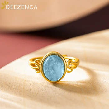 

925 Sterling Silver Gold Plated Blue Aquamarine Women's Ring Trendy Simple Natural Stone Open Rings 2020 Summer New Gift Party