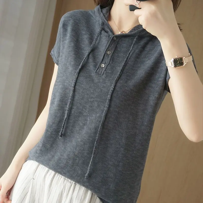 

2021 Summer New Women's T-shirt Top Hooded Short Sleeve Korean Version Loose Womens V-neck T-shirt Women Clothes Vintage Shirt