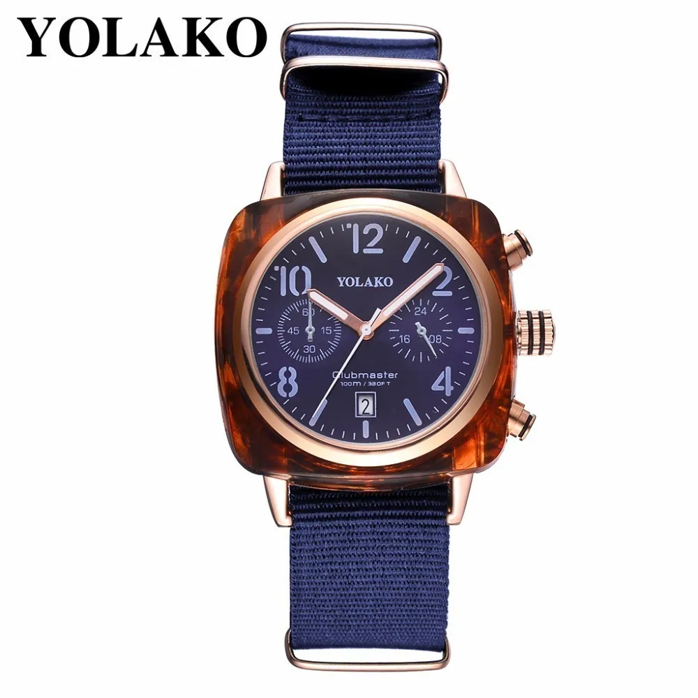 Мужские квадратные спортивные часы Роскошный холст ремешок мужские часы с кварцевые часы с календарем Relogio Masculino YOLAKO бренд - Цвет: blue